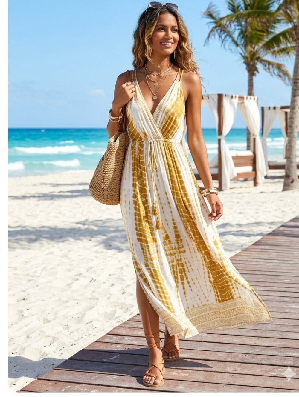Blue Island Yellow Mustatd Tie Die Beachy Boho Casual Flare dress S